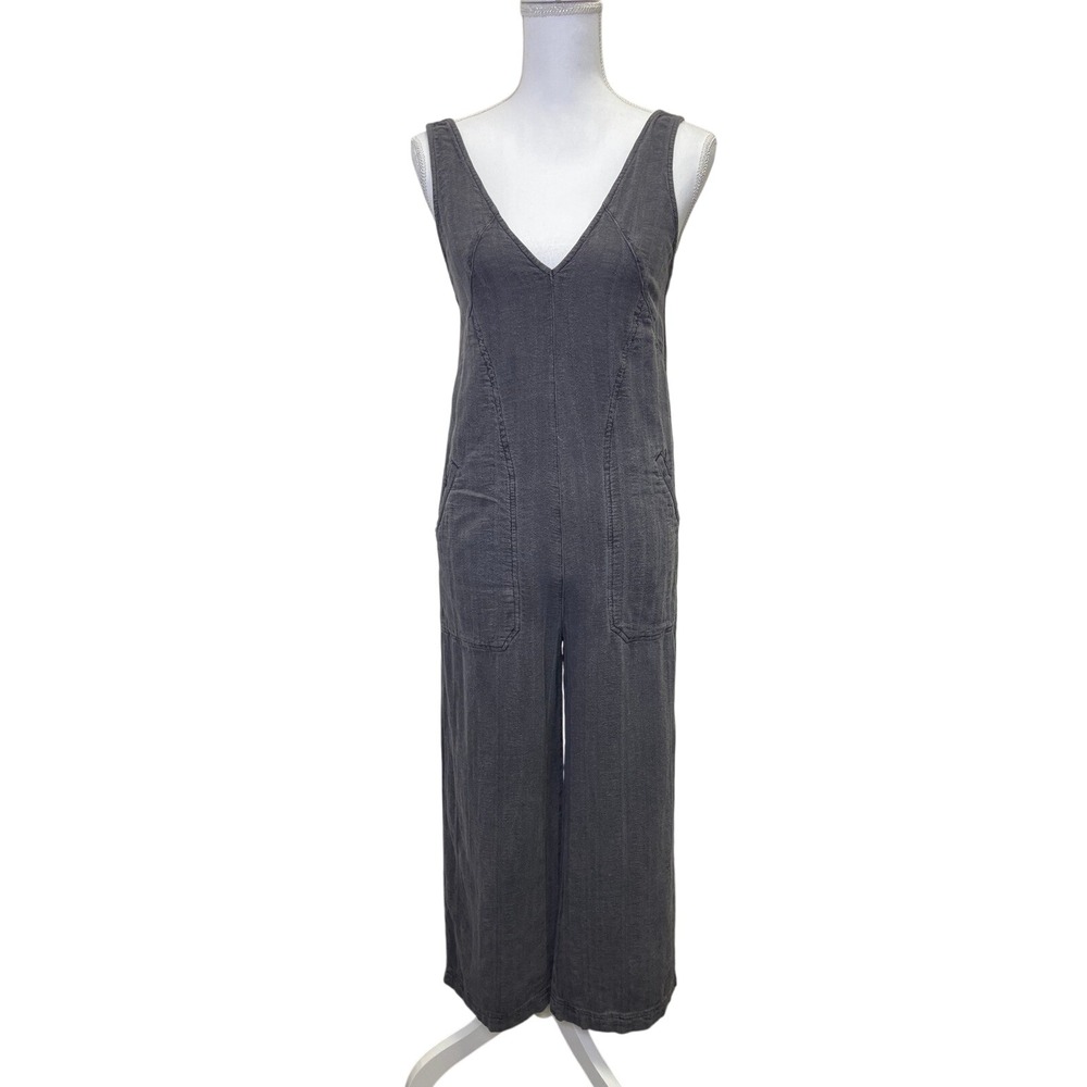 Pilcro Anthropologie Linen Blend Herringbone Wide Leg Jumpsuit Grey XS